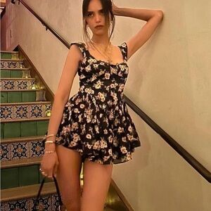Vanessa Mooney Black Floral Sleeveless Romper with Pink & Cream Blooms